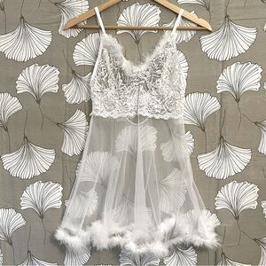 Kissable by Coquette White Angel Chemise Slip w/ Fur Feather Trim Lace One Size